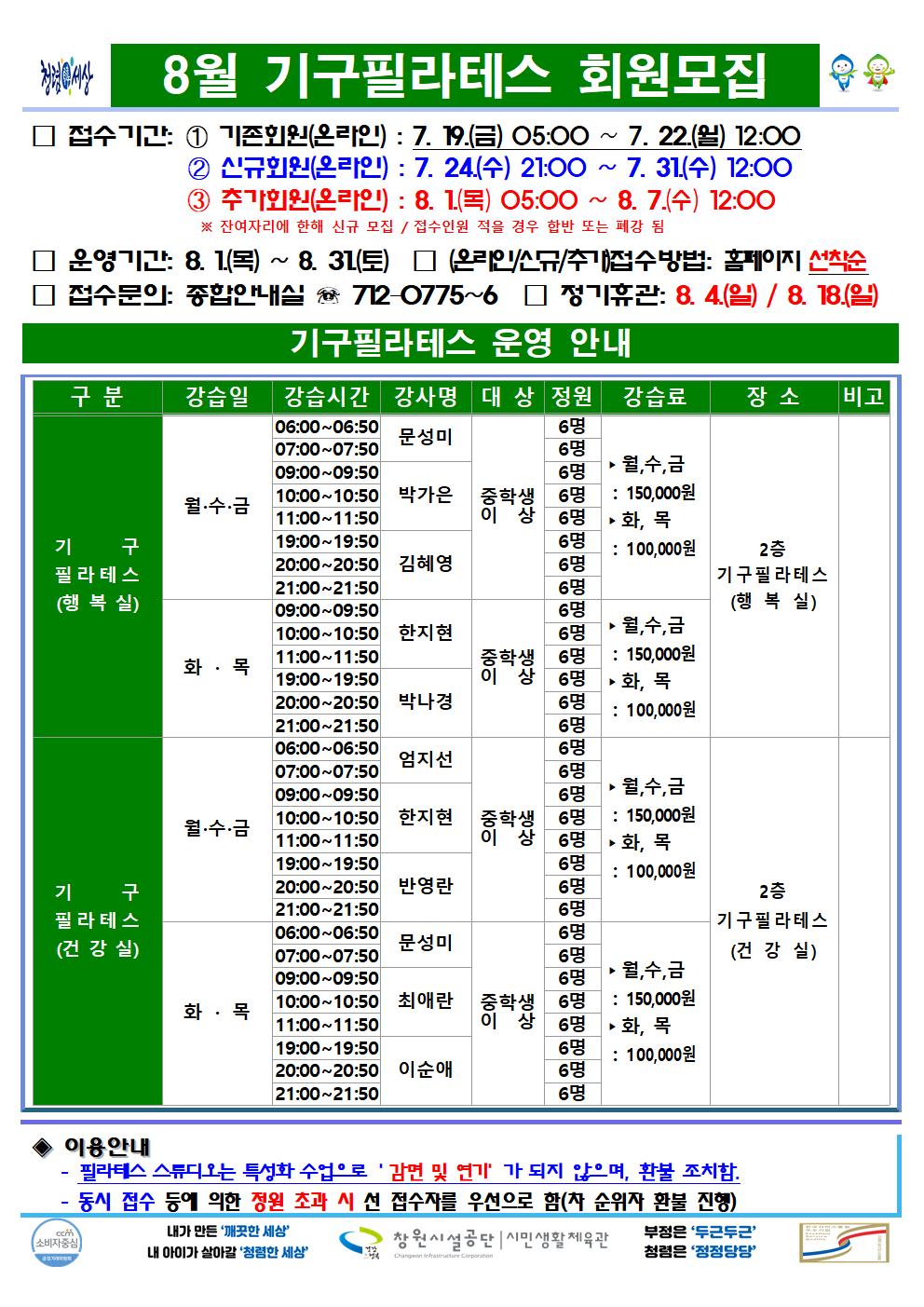 8월 기구필라테스 회원모집 □ 접수기간: ① 기존회원(온라인) : 7. 19.(금) 05:00 ~ 7. 22.(월) 12:00 ② 신규회원(온라인) : 7. 24.(수) 05:00 ~ 7. 31.(수) 12:00 ③ 추가회원(온라인) : 8. 1.(목) 05:00 ~ 8. 7.(수) 12:00 ※ 잔여자리에 한해 신규 모집 / 접수인원이 적을 경우 합반 또는 폐강 됨 □ 운영기간: 8. 1.(목) ~ 8. 31.(토) □ (온라인/신규/추가)접수방법: 홈페이지 선착순 □ 접수문의: 종합안내실 ☏ 712-0775~6 □ 정기휴관: 8. 4.(일) / 8. 18.(일) 기구필라테스 운영 안내 구분 강습일 강습시간 강사명 대상 정원 강습료 장소 비고 기구 필라테스(행복실) 월·수·금 06:00~06:50 07:00~07:50 문성미 09:00~09:50 10:00~10:50 11:00~11:50 박가은 19:00~19:50 20:00~20:50 21:00~21:50 김혜영 중학생 이상 각반 6명 ▶ 월,수,금: 150,000원 ▶ 화, 목: 100,000원 화·목 09:00~09:50 10:00~10:50 11:00~11:50 한지현 19:00~19:50 20:00~20:50 21:00~21:50 박나경 중학생 이상 각반 6명 ▶ 월,수,금: 150,000원 ▶ 화,목: 100,000원 2층 기구필라테스(행복실) 기구 필라테스(건강실) 월·수·금 06:00~06:50 07:00~07:50 엄지선 09:00~09:50 10:00~10:50 11:00~11:50 한지현 19:00~19:50 20:00~20:50 21:00~21:50 반영란 중학생 이상 각반 6명 ▶ 월,수,금: 150,000원 ▶ 화, 목: 100,000원 화·목 06:00~06:50 07:00~07:50 문성미 09:00~09:50 10:00~10:50 11:00~11:50 최애란 19:00~19:50 20:00~20:50 21:00~21:50 이순애 중학생 이상 각반 6명 ▶ 월,수,금: 150,000원 ▶ 화,목: 100,000원 2층 기구필라테스(건강실) ◈ 이용안내 - 필라테스 스튜디오는 특성화 수업으로 ´감면 및 연기´가 되지 않으며, 환불 조치함. - 동시 접수 등에 의한 정원 초과 시 선 접수자를 우선으로 함(차 순위자 환불 진행) 창원시설공단 | 시민생활체육관