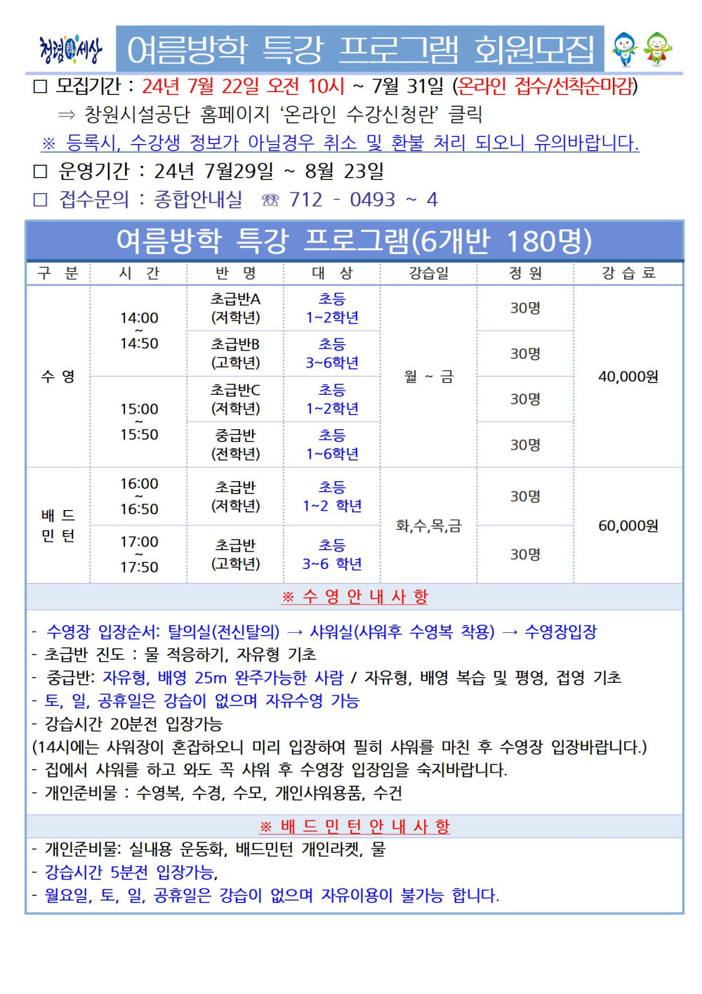 여름방학 특강 프로그램 회원모집 □ 모집기간 : 24년 7월 22일 오전 10시 ~ 7월 31일 (온라인 접수/선착순마감) ⇒ 창원시설공단 홈페이지 ＇온라인 수강신청란＇ 클릭 ※ 등록시, 수강생 정보가 아닐경우 취소 및 환불 처리 되오니 유의바랍니다. □ 운영기간 : 24년 7월29일 ~ 8월 23일 □ 접수문의 : 종합안내실 ☏ 712 - 0493 ~ 4 여름방학 특강 프로그램(6개반 180명) 구분 시간 반명 대상 강습일 정원 강습료 수영 14:00~14:50 초급반A(저학년) 초등1~2학년 월~금 30명 40,000원 초급반B(고학년) 초등3~6학년 월~금 30명 40,000원 15:00~15:50 초급반C(저학년) 초등1~2학년 월~금 30명 40,000원 중급반(전학년) 초등1~6학년 월~금 30명 40,000원 배드민턴 16:00~16:50 초급반(저학년) 초등1~2학년 화,수,목,금 30명 60,000원 17:00~17:50 초급반(고학년) 초등3~6학년 화,수,목,금 30명 60,000원 ※ 수영 안내사항 - 수영장 입장순서: 탈의실(전신탈의) → 샤워실(샤워후 수영복 착용) → 수영장입장 - 초급반 진도 : 물 적응하기, 자유형 기초 - 중급반: 자유형, 배영 25m 완주가능한 사람 / 자유형, 배영 복습 및 평영, 접영 기초 - 토, 일, 공휴일은 강습이 없으며 자유수영 가능 - 강습시간 20분전 입장가능 (14시에는 샤워장이 혼잡하오니 미리 입장하여 필히 샤워를 마친 후 수영장 입장바랍니다.) - 집에서 샤워를 하고 와도 꼭 샤워 후 수영장 입장임을 숙지바랍니다. - 개인준비물 ; 수영복, 수경, 수모, 개인샤워용품, 수건 ※ 배드민턴 안내사항 - 개인준비물: 실내용 운동화, 배드민턴 개인라켓, 물 - 강습시간 5분전 입장가능. - 월요일, 토, 일, 공휴일은 강습이 없으며 자유이용이 불가능 합니다.