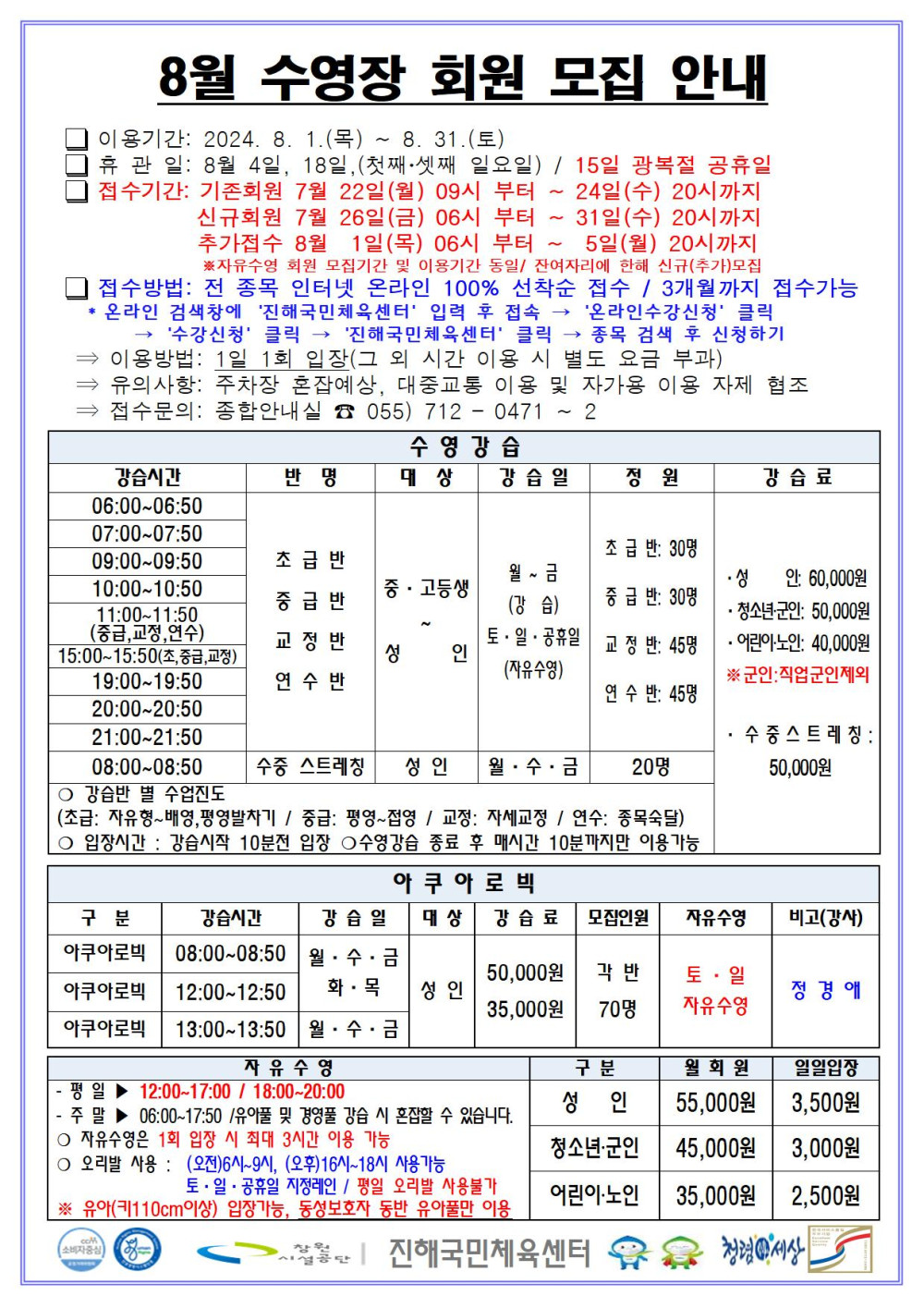 8월 수영장 회원 모집 안내 □ 이용기간: 2024. 8. 1.(목) ~ 8. 31.(토) □ 휴관일: 8월 4일, 18일, (첫째·셋째 일요일) / 15일 광복절 공휴일 □ 접수기간: 기존회원 7월 22일(월) 09시 부터 ~ 24일(수) 20시까지 신규회원 7월 26일(금) 06시 부터 ~ 31일(수) 20시까지 추가접수 8월 1일(목) 06시 부터 ~ 5일(월) 20시까지 ※자유수영 회원 모집기간 및 이용기간 동일/ 잔여자리에 한해 신규(추가)모집 □ 접수방법: 전 종목 인터넷 온라인 100% 선착순 접수 / 3개월까지 접수가능 * 온라인 검색창에 ´진해국민체육센터´ 입력 후 접속 → ´온라인수강신청´ 클릭 → ´수강신청´ 클릭 → ´진해국민체육센터´ 클릭 → 종목 검색 후 신청하기 ⇒ 이용방법: 1일 1회 입찰(그 외 시간 이용 시 별도 요금 부과) ⇒ 유의사항: 주차장 혼잡예상, 대중교통 이용 및 자가용 이용 자제 협조 ⇒ 접수문의: 종합안내실 ☎ 055) 712 - 0471 ~ 2 수영강습 강습시간 반명 대상 강습일 정원 강습료 06:00~06:50 07:00~07:50 09:00~09:50 10:00~10:50 11:00~11:50(중급,교정,연수) 15:00~15:50(초,중급,교정) 19:00~19:50 20:00~20:50 21:00~21:50 초급반 중급반 교정반 연수반 중·고등생~성인 월~금(강습) 토·일·공휴일(자유수영) 초급반: 30명 중급반: 30명 교정반: 45명 연수반: 45명 08:00~08:50 수중 스트레칭 성인 월·수·금 20명 · 성인: 60,000원 · 청소년·군인: 50,000원 ·어린이·노인: 40,000원 ※군인: 직업군인제외 · 수중스트레칭: 50,000원 ○ 강습반 별 수업진도(초급: 자유형~배영,평영발차기 / 중급: 평영~접영 / 교정: 자세교정 / 연수: 종목숙달) ○ 입장시간: 강습시작 10분전 입장 ○ 수영강습 종료 후 매시간 10분까지만 이용 가능 아쿠아로빅 구분 강습시간 강습일 대상 강습료 모집인원 자유수영 비고(강사) 아쿠아로빅 08:00~08:50 아쿠아로빅 12:00~12:50 월·수·금 화·목 아쿠아로빅 13:00~13:50 월·수·금 성인 50,000원 35,000원 각 반 70명 토·일 자유수영 정경애 자유수영 - 평일 ▶ 12:00~17:00 / 18:00~20:00 - 주말 ▶ 06:00~17:50 /유아풀 및 경영풀 강습 시 혼잡할 수 있습니다. ○ 자유수영은 1회 입장 시 최대 3시간 이용 가능 ○ 오리발 사용 : (오전)6시~9시, (오후)16시~18시 사용가능 토·일·공휴일 지정레인 / 평일 오리발 사용불가 ※ 유아(키110㎝이상) 입장가능, 동성보호자 동반 유아풀만 이용 구분 월회원 일일입장 성인 55,000원 3,500원 청소년·군인 45,000원 3,000원 어린이·노인 35,000원 2,500원 창원시설공단 | 진해국민체육센터