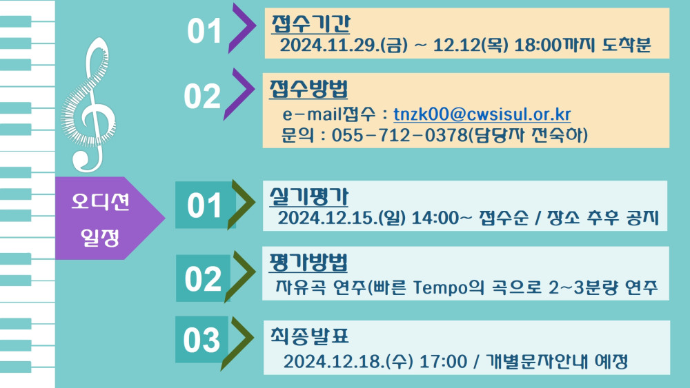 01 02 오디션 01 일정 02 03 접수기간 2024.11.29.(금) ~ 12.12(목) 18:00까지 도착분 접수방법 e-mail접수: tnzk00@cwsisul.or.kr 문의: 055-712-0378(담당자 전숙아) 실기평가 2024.12.15.(일) 14:00~ 접수순 / 장소 추후 공지 평가방법 자유곡 연주(빠른 Tempo의 곡으로 2~3분량 연주 최종발표 2024.12.18.(수) 17:00 / 개별문자안내 예정