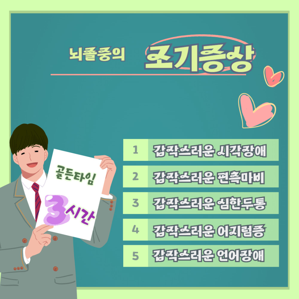 뇌졸중의 조기증상  골든타임 3시간 1 갑작스러운 시각장애2 갑작스러운 편측마비 3 갑작스러운 심한두통 3시간 4 갑작스러운 어지럼증 5 갑작스러운 언어장애