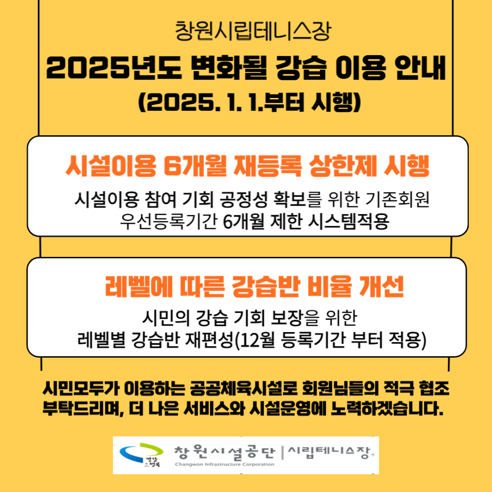 창원시립테니스장2025년도 변화될 강습 이용 안내 (2025. 1. 1.부터 시행) 시설이용 6개월 재등록 상한제 시행 시설이용 참여 기회 공정성 확보를 위한 기존회원 우선등록기간 6개월 제한 시스템적용 레벨에 따른 강습반 비율 개선 시민의 강습 기회 보장을 위한 레벨별 강습반 재편성(12월 등록기간 부터 적용) 시민모두가 이용하는 공공체육시설로 회원님들의 적극 협조 부탁드리며, 더 나은 서비스와 시설운영에 노력하겠습니다. 창원시설공단 시립테니스장