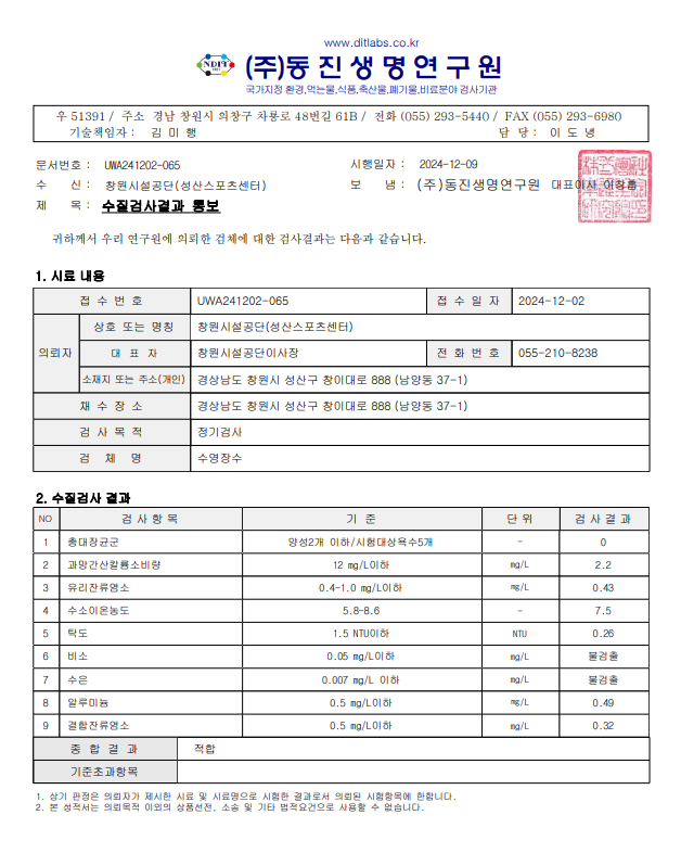 12월 수영장 수질검사 결과 안내 붙임파일 참고