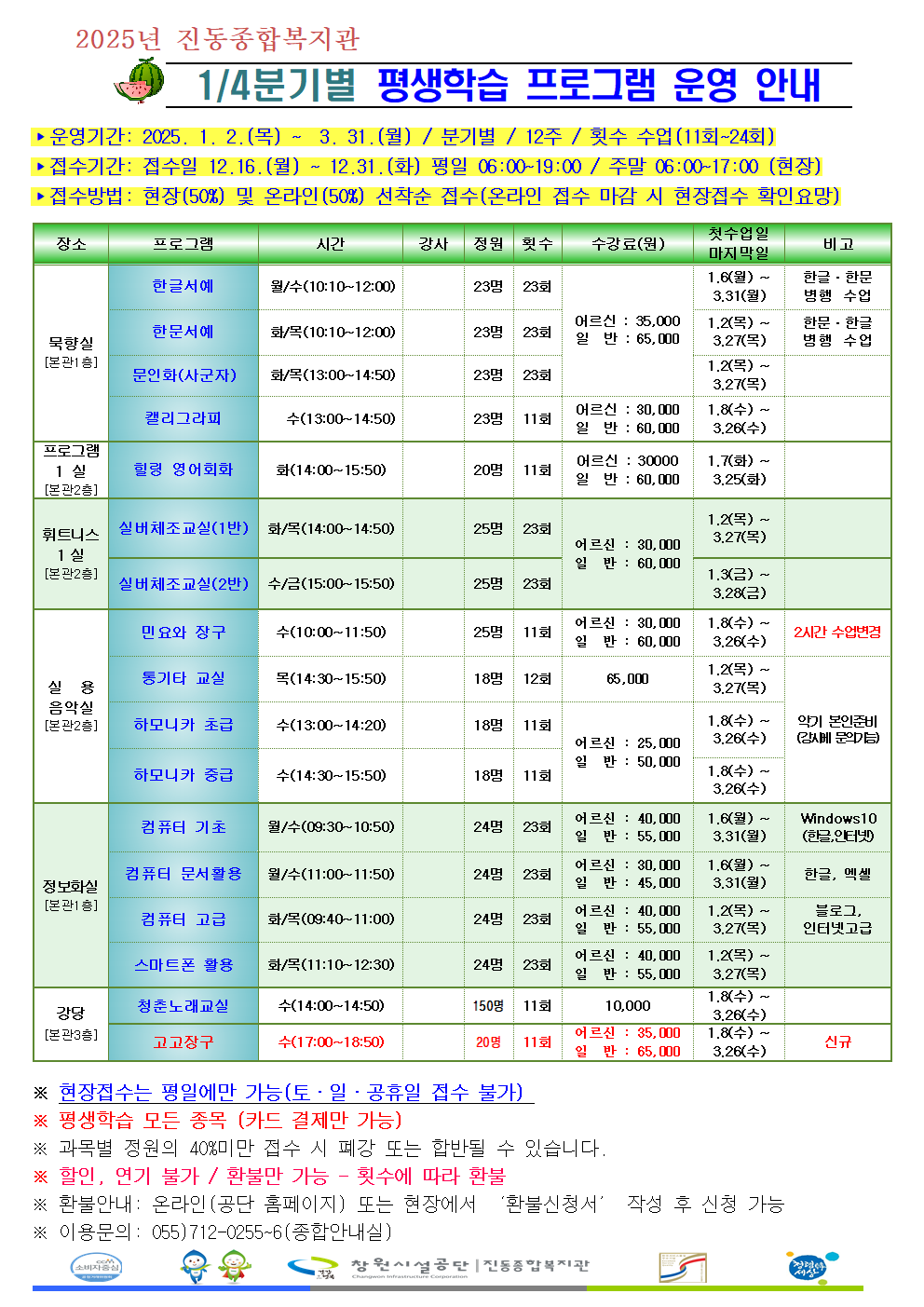 2025년 진동종합복지관 1/4분기 평생학습 프로그램 운영 안내 붙임 파일 참고