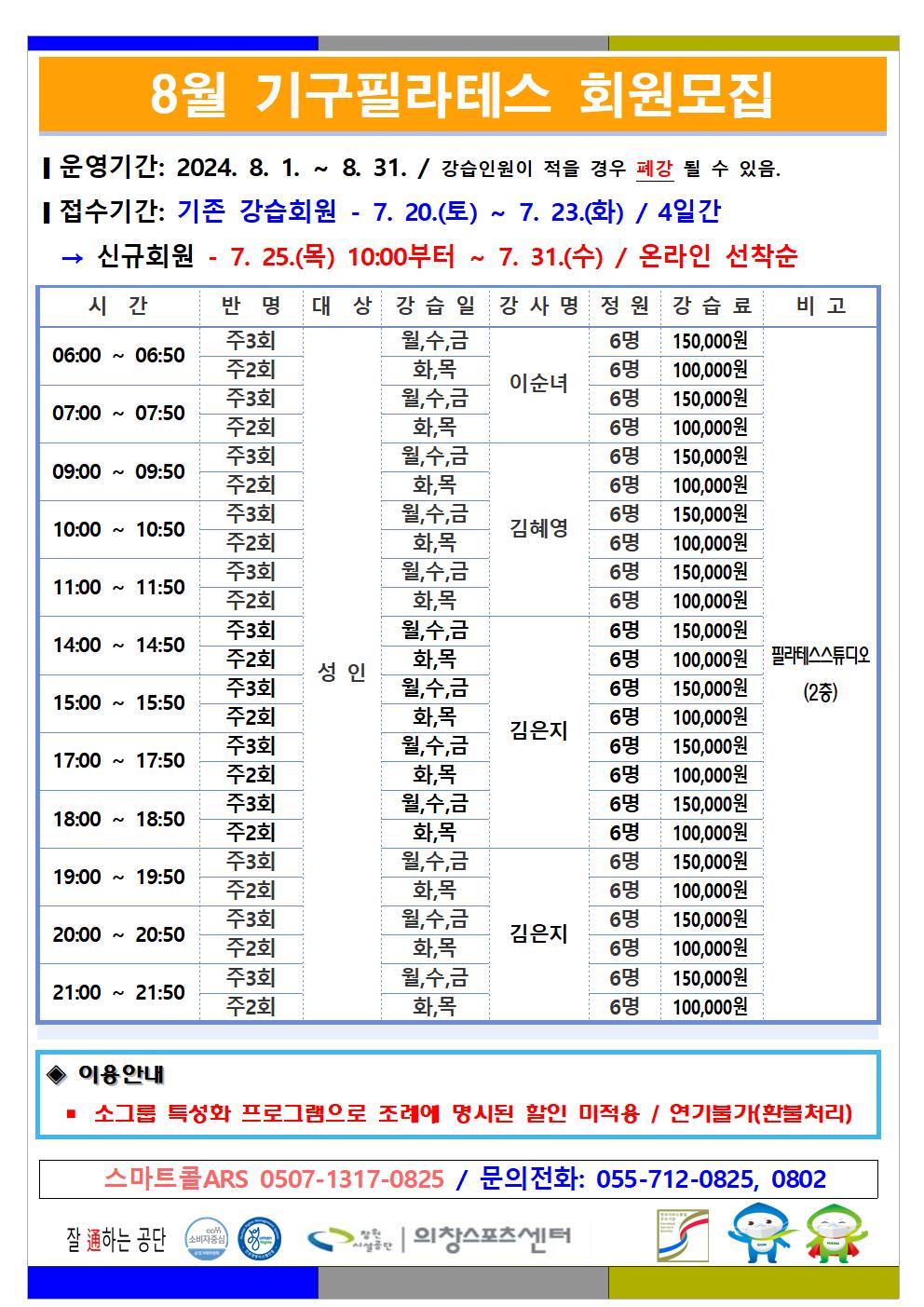 8월 기구필라테스 회원모집 ■ 운영기간: 2024. 8. 1. ~ 8. 31. / 강습인원이 적을 경우 폐강 될 수 있음. ■ 접수기간: 기존 강습회원 - 7. 20.(토) ~ 7. 23.(화) / 4일간 → 신규회원 - 7. 25.(목) 06:00부터 ~ 7. 31.(수) / 온라인 선착순 시간 반명 대상 강습일 강사명 정원 강습료 비고 06:00~06:50 주3회 성인 월,수,금 이순녀 6명 150,000원 주2회 성인 화,목 이순녀 6명 100,000원 07:00~07:50 주3회 성인 월,수,금 이순녀 6명 150,000원 주2회 성인 화,목 이순녀 6명 100,000원 09:00~09:50 주3회 성인 월,수,금 김혜영 6명 150,000원 주2회 성인 화,목 김혜영 6명 100,000원 10:00~10:50 주3회 성인 월,수,금 김혜영 6명 150,000원 주2회 성인 화,목 김혜영 6명 100,000원 11:00~11:50 주3회 성인 월,수,금 김혜영 6명 150,000원 주2회 성인 화,목 김혜영 6명 100,000원 14:00~14:50 주3회 성인 월,수,금 김은지 6명 150,000원 주2회 성인 화,목 김은지 6명 100,000원 15:00~15:50 주3회 성인 월,수,금 김은지 6명 150,000원 주2회 성인 화,목 김은지 6명 100,000원 17:00~17:50 주3회 성인 월,수,금 김은지 6명 150,000원 주2회 성인 화,목 김은지 6명 100,000원 18:00~18:50 주3회 성인 월,수,금 김은지 6명 150,000원 주2회 성인 화,목 김은지 6명 100,000원 19:00~19:50 주3회 성인 월,수,금 김은지 6명 150,000원 주2회 성인 화,목 김은지 6명 100,000원 20:00~20:50 주3회 성인 월,수,금 김은지 6명 150,000원 주2회 성인 화,목 김은지 6명 100,000원 21:00~21:50 주3회 성인 월,수,금 김은지 6명 150,000원 주2회 성인 화,목 김은지 6명 100,000원 필라테스스튜디오(2층) ◈ 이용안내 ■ 소그룹 특성화 프로그램으로 조례에 명시된 할인 미적용 / 연기불가(환불처리) 스마트콜ARS 0507-1317-0825 / 문의전화: 055-712-0825, 0802 창원시설공단 | 의창스포츠센터