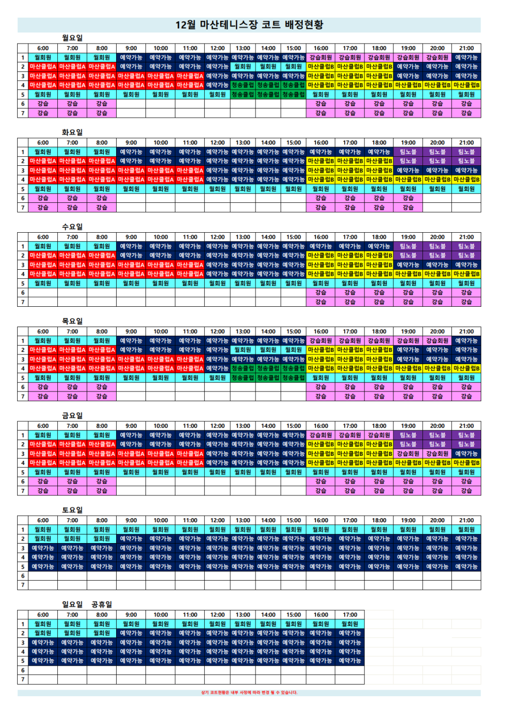 12월 마산테니스장 코트 배정현황